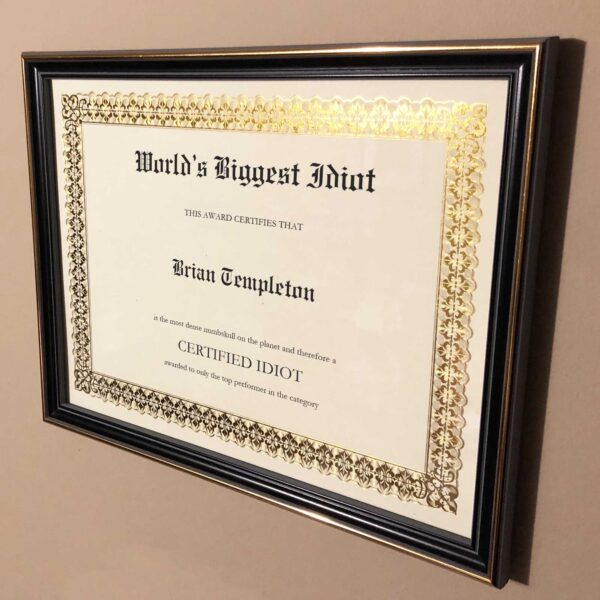 World's Biggest Idiot Award Framed on Wall